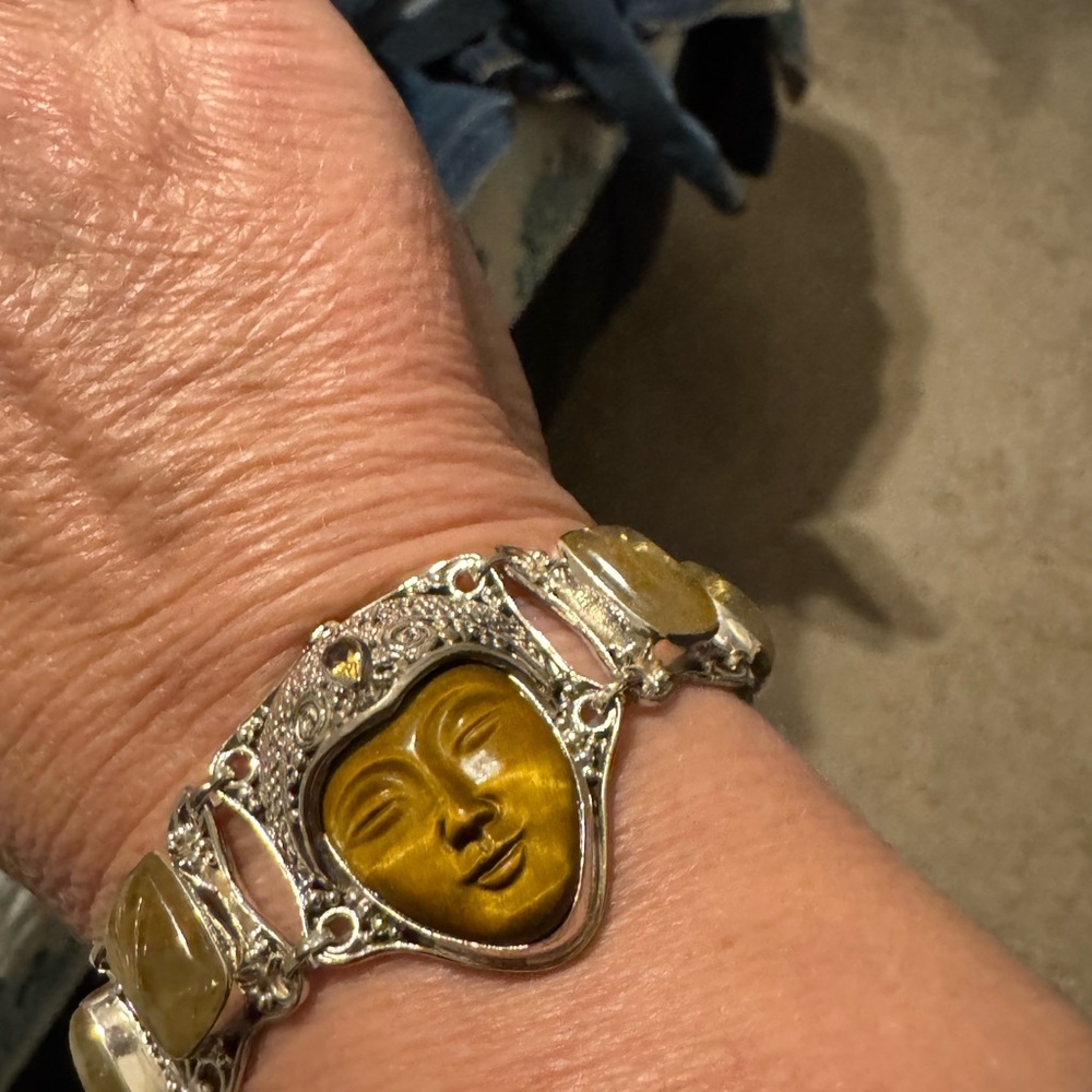 Sajen Sterling Silver Carved Buddha Gemstone Bracelet Artisan Jewelry TIGERSEYE